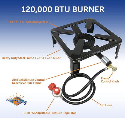 Flame King Heavy Duty 120,000 BTU, 0-20 PSI, Turkey Fryer Single Propane Burner Bayou Cooker, Outdoor Stove for Home Brewing, Maple Syrup Prep, Cajun Cooking