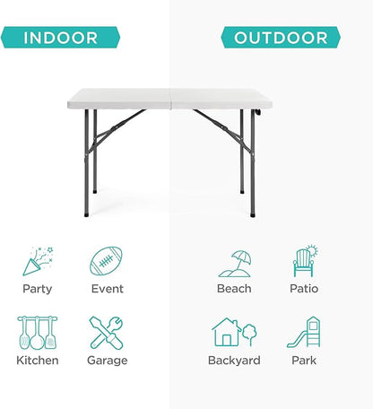 Best Choice Products 4ft Plastic Folding Table, Indoor Outdoor Heavy Duty Portable w/Handle, Lock for Picnic, Party, Camping - White