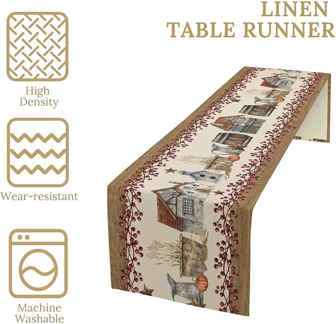 Western Texas Table Runner, Rustic Farmhouse Country Barn Berry Vintage Rural Houses Pumpkin Print Table Runner for Party Picnic Dining Kitchen Table Decor,13x120inch