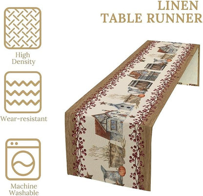 Western Texas Table Runner, Rustic Farmhouse Country Barn Berry Vintage Rural Houses Pumpkin Print Table Runner for Party Picnic Dining Kitchen Table Decor,13x70inch