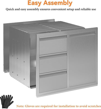 Jocisland Outdoor Kitchen Drawers 28" W×23" D×23" H Stainless Steel Drawers for Outdoor Kitchens, Single Door Trash Drawer & 3-Drawer Cabinet, Built-in BBQ Island Storage