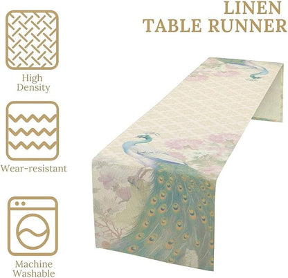 Peacock Table Runner,Rustic Traditional Chinese Style Watercolor Peacock Pink Flora Elegant Table Center Decor for Family Kitchen Table Decorations Indoor Outdoor, 13"x108"