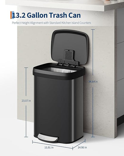 Garvee 13 gal / 50 L Metal Trash Can with Lid, Large Garbage Can for Kitchen, Rustproof Step-on Kitchen Metal Trash Bin with Liner Rim, Rear Handle, Soft Close Plastic Lid, Black