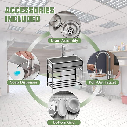 33x19 Inch Stainless Steel Utility Sink-Freestanding Laundry Sink Practicality With Accessories Stainless Functional Faucet,Soap Dispenser, SS Sink Grid For Laundry,Garage,Outdoor Kitchen,Garden...