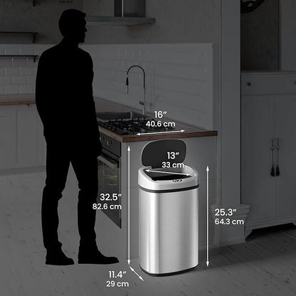 iTouchless 13 Gallon Automatic Sensor Trash Can with AbsorbX Odor Filter, Stainless Steel Kitchen Garbage Bin, Fingerprint-Proof, Hands-Free Operation, Oval