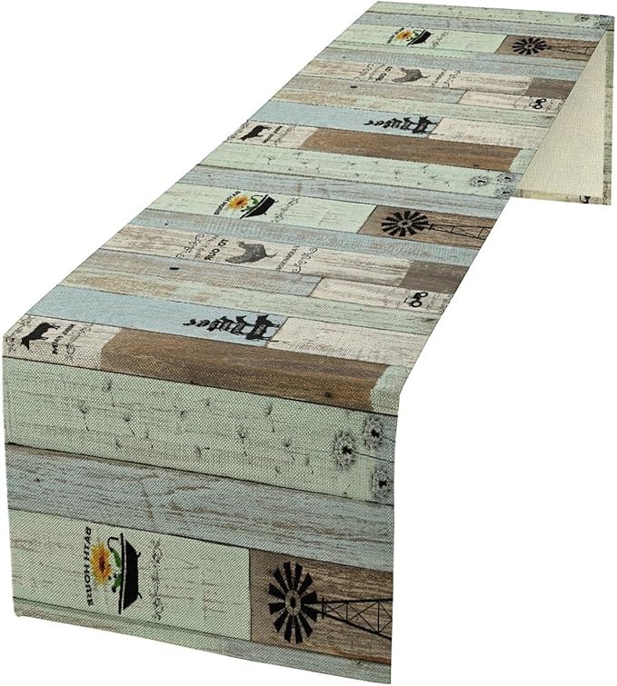 Rustic Farmhouse Table Runner, Vintage Country Blue Green Wooden Board Cow Chicken Pig Windmill Print Table Runner for Kitchen Dining Room Wedding Party Decor, 13x70inch