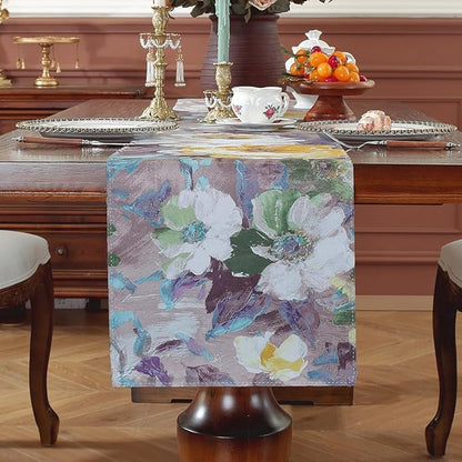 Double-Sided Table Runner - Reversible Oil Painting & Banana Leaf Design, Waterproof Linen Cotton for Dining Table Decor, Holiday Home Decoration（Pruple）