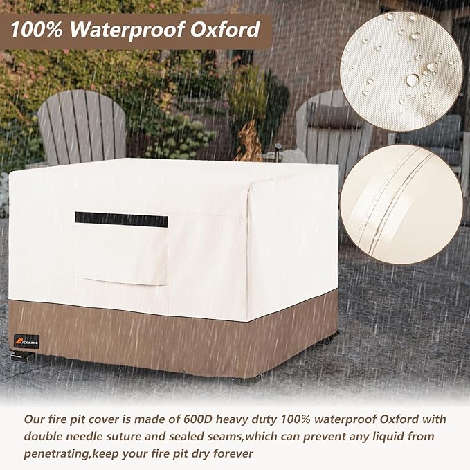 Fire Pit Cover Square, Outdoor Heavy Duty Durable 600D Tear-Resistant 100% Waterproof 42-44 Inch Fire Pit Cover, Patio Weatherproof Square Fire Table Protector, Beige 44" L x 44" W x 24" H