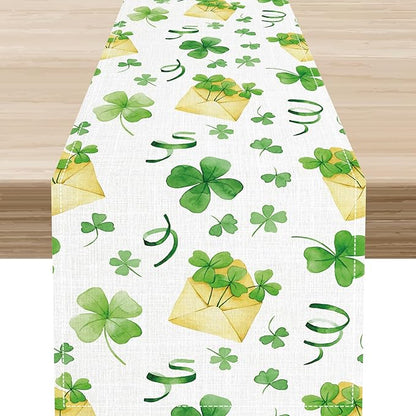 Clover Table Runner,Retro Rustic Green Shamrock Yellow Envelope Spring Seasonal Holiday St.Patrick's Day Table Center Decor for Home Kitchen Dining Holiday Party Indoor Decorations, 13"x108"
