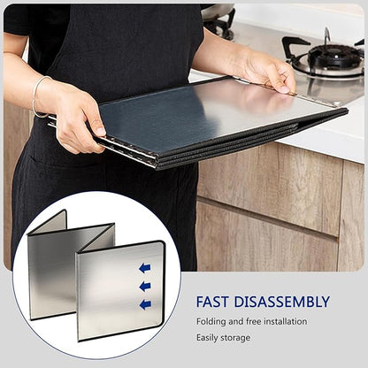 4 Sided Grease Splatter Guard Foldable Splatter Guard for Stove Stainless Steel Oil Splatter Screens Backsplash for Wall Gas Range Frying Pan Camping (11.8×31.5×15.7inches)