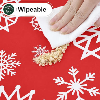 misaya Rectangle Waterproof Vinyl Table Cloth, Wipeable Tablecloth with Flannel Backing, Plastic Table Cover for Dinner, Christmas Party (Red Snowflake, 52" x 70")