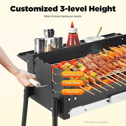Portable Charcoal Grill, Stainless Steel Folding BBQ Grills w/Storage Shelf Outdoor Cooking Barbecue Grill Tool Kits for Garden Backyard Party Picnic Travel Outdoor Height Adjustable