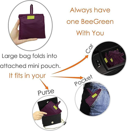 BeeGreen Burgundy Reusable Grocery Bags with Zipper Storage Pouch 10 Packs Wine Red Reusable Shopping Bags Bulk Foldable-Machine Washable