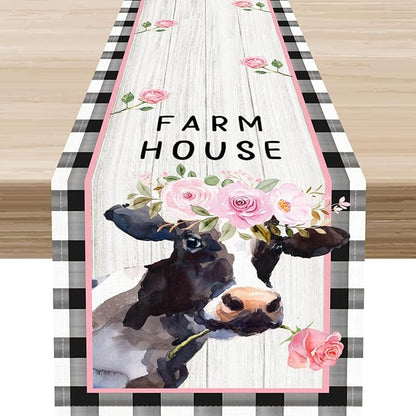 Cow Farmhouse Table Runner, Rustic Black White Plaid Buffalo Animals Flower Rose Farm Coffee Table Center Decor for Family Kitchen and Living Room Country Holiday Party Table Decorations, 13" X 72"
