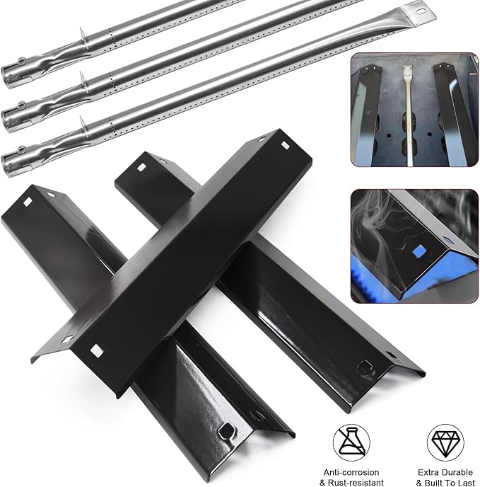 Hiorucet Grill Parts for CharGriller 5650, 5050, 3001, 5072, 3030, 3008, 4000, 5252, King-Griller 3008 5252 Gas Grills, Cast Iron Cooking Grates, Heat Plates, Burner Tubes, Igniters, Hanger Brackets