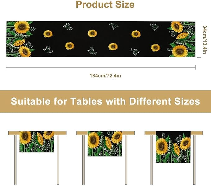Sunflower Table Runner,Spring Summer Watercolor Floral Plants Leaves Print Table Runner for Kitchen Dining Table Home Holiday Party Indoor Outdoor Decor 13x70in