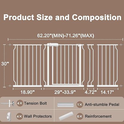 WAOWAO Baby Gate 62.20-71.26" Extra Wide Pressure Mounted Walk Through Swing Auto Close Safety White Metal Toddler Kids Child Dog Pet Puppy for Stairs,Doorways,Kitchen