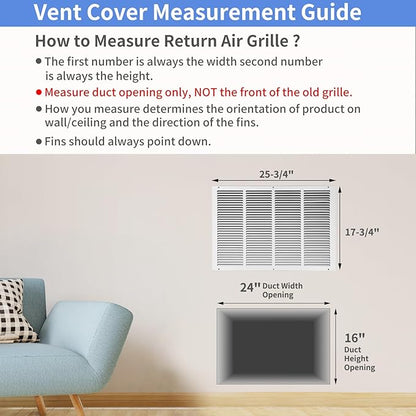 24"W x 16"H [Duct Opening Size] Steel Return Air Grille, Air Return Vent Cover for Ceiling and Sidewall - HVAC Air Vent Covers - [Outer Dimensions: 25.75"W x 17.75"H]