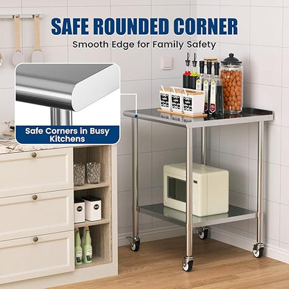 Stainless Steel Work Table with Wheels, 30x30 Inch NSF Food Prep Table with Backsplash & Adjustable Undershelf for Commercial Kitchen, Restaurant, Garage