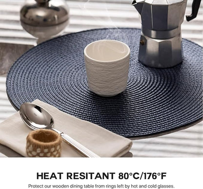 Round Placemats Set of 12 Plastic Woven Placemats Washable Wipeable Table Mats for Dining Table Heat Resistant Non-Slip Circle Place Mats (Navy Blue)