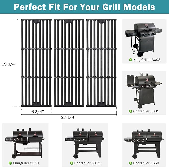 Criditpid Replacement Parts for Char Griller 5050, 5650, 5072, 3001, 3008, 3030, 4000, 5252, King Griller 3008, 5252, Cast Iron Grill Grates, Heat Plates, Burners and Igniters for Chargriller Parts
