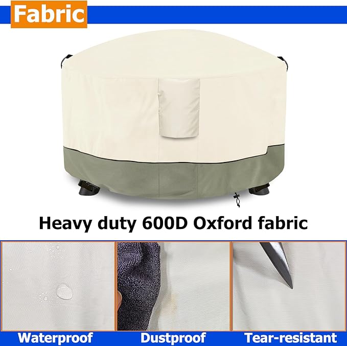 Fire Pit Cover,Outdoor Heavy Duty 600D 100% Waterproof Fire Pit Cover Round,Weatherproof Firepit Covers Round 34" Dia x 15" H,Beige