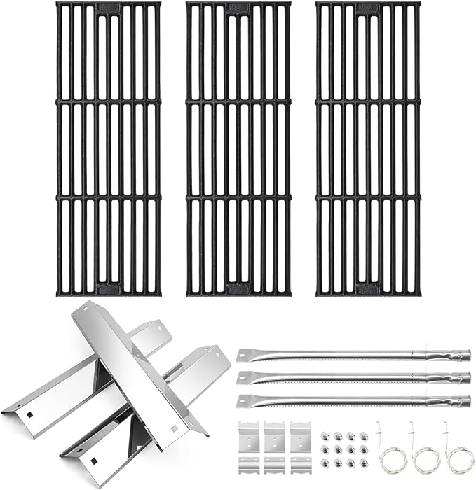 Hiorucet Grill Replacement Parts for Chargriller 5650, 5050, 3001, 5072, 3030, 3008, 4000, 5252, King-Griller 3008 5252 Gas Grills, Cast Iron Cooking Grates, Stainless Steel Heat Plates and Burner