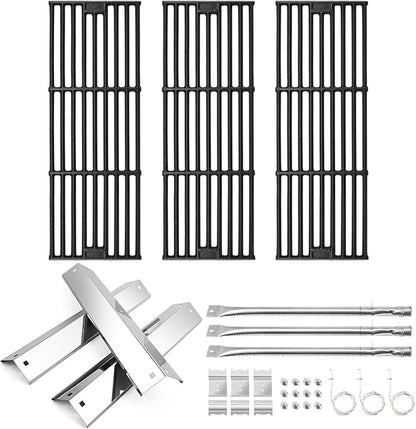 Hiorucet Grill Replacement Parts for Chargriller 5650, 5050, 3001, 5072, 3030, 3008, 4000, 5252, King-Griller 3008 5252 Gas Grills, Cast Iron Cooking Grates, Stainless Steel Heat Plates and Burner