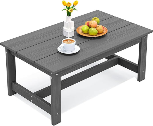 SERWALL HDPE Patio Coffee Table, Rectangle Outdoor Coffee Table, All-Weather Coffee Side Table for Balcony, Poolside, Deck, Garden, Gray