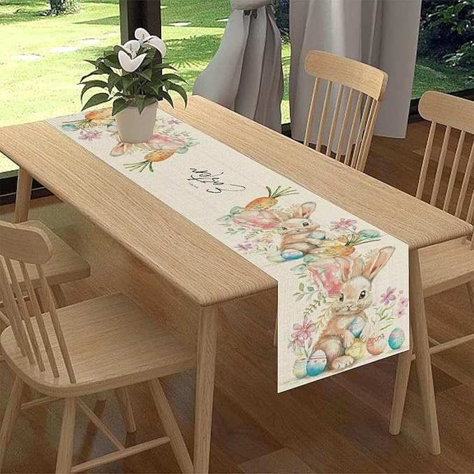 Easter Bunny Table Runner,Rustic Watercolor Bunnies Easter Eggs Carrots Floral Seasonal Table Center Decor for Family Kitchen Living Room Outdoor Farmhouse Party Table Decorations, 13"x36"