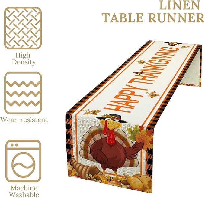 Happy Thanksgiving Table Runner, Autumn Pumpkin Maple Leaves Turkey Print Fall Harvest Holiday Kitchen Dining Table Decor for Indoor Outdoor Party, 13x120inch