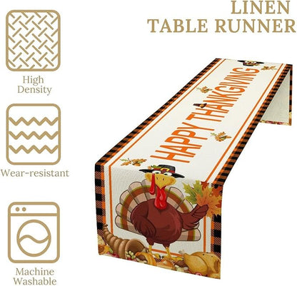 Happy Thanksgiving Table Runner, Autumn Pumpkin Maple Leaves Turkey Print Fall Harvest Holiday Kitchen Dining Table Decor for Indoor Outdoor Party, 13x120inch