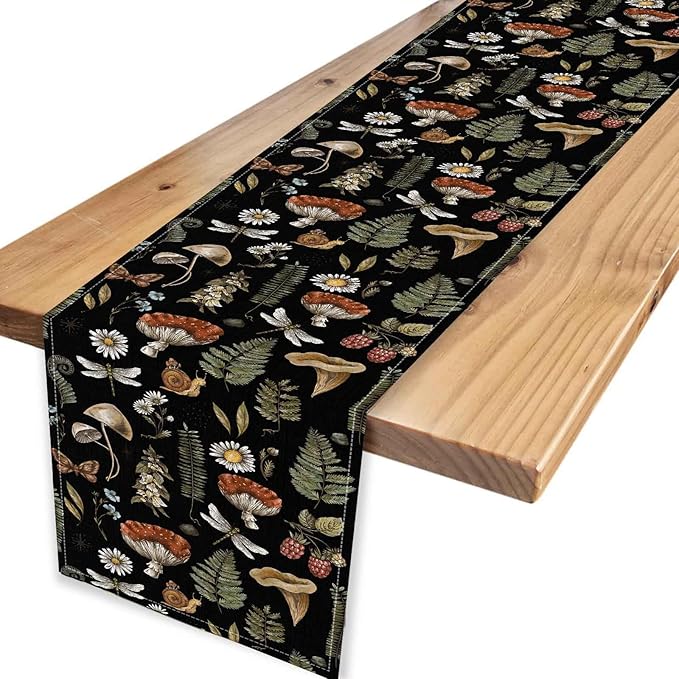 Mushroom Table Runner, Rustic Farmhouse Forest Plants Botanical Country Black Coffee Table Center Decor for Home Kitchen Dining Patio Holiday Party Indoor Outdoor Table Decorations, 13"x72" Inch