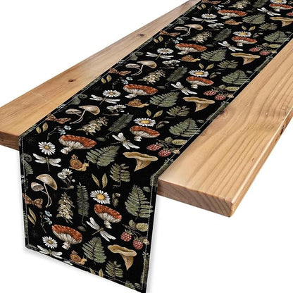 Mushroom Table Runner, Rustic Farmhouse Forest Plants Botanical Country Black Coffee Table Center Decor for Home Kitchen Dining Patio Holiday Party Indoor Outdoor Table Decorations, 13"x108" Inch