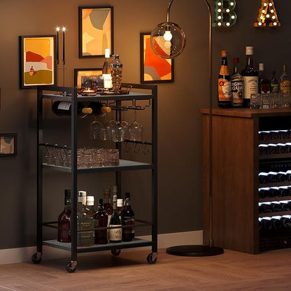 TUTOTAK Bar Cart, Home Bar Serving Cart, Microwave Cart, Drink Cart, Mobile Kitchen Shelf with Wine Rack and Glass Holder, Rolling Beverage Cart for Living Room, Kitchen, Greige BC01BG032