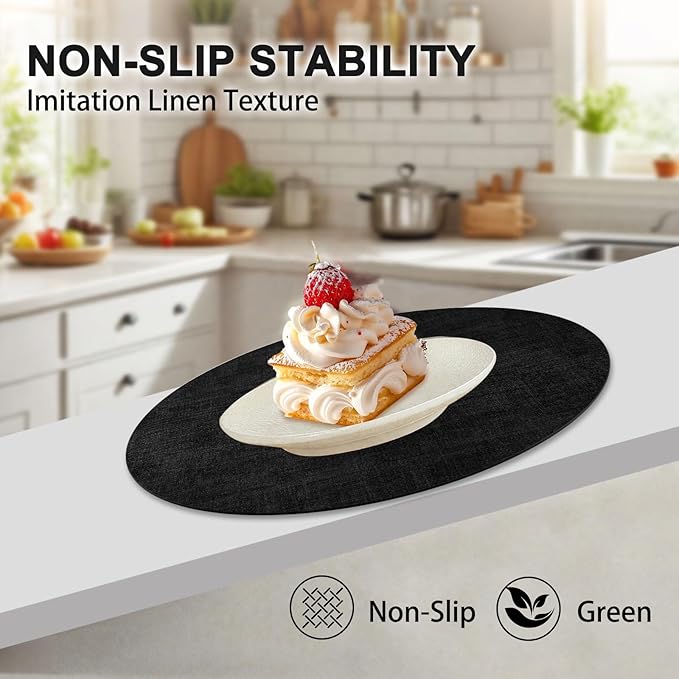 Round Faux Leather Placemats and Coasters, Set of 8, Reversible Heat Resistant Non-Slip Table Mats, Waterproof Wipeable Place Mats for Dining Table, Washable for Indoor & Outdoor (8, Black)