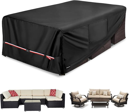 Rectangular Patio Furniture Covers,Upgraded 600D Heavy Duty Outdoor Furniture Covers Waterproof,Outdoor Sectional Dining Table and Chairs General Purpose Furniture Set Cover,111"L × 74"W × 28"H,Black
