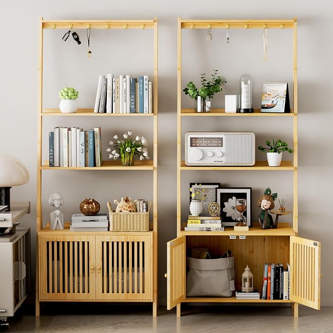 Bookcase with Drawers, 4-Tier Bamboo Bookshelf Ladder Shelf with 6 Hooks - Image 6