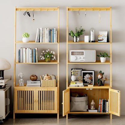 Bookcase with Drawers, 4-Tier Bamboo Bookshelf Ladder Shelf with 6 Hooks - Image 6