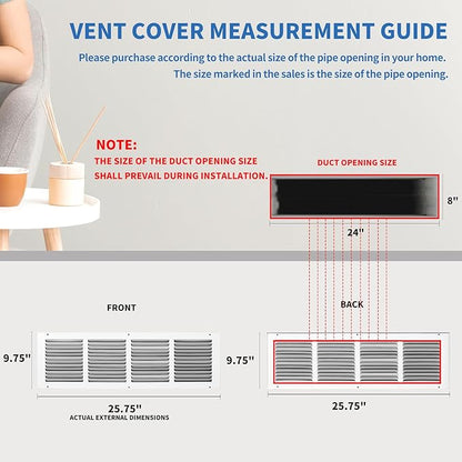 24x8 Return Air Grille (Duct Opening Size), Air Return Vent Cover, AC Vent Cover, Cold Air Return Vent Cover, Flat Return Air Grilles, Outer Dimensions:25.75"W x 9.75"H (24"Wx8"H, Duct Opening)
