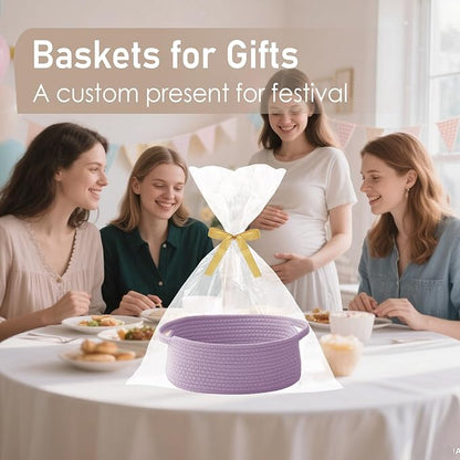 Woven Basket,Small Rope Storage Bin with Handles & Ribbon Bag, Organizer for Shelves Closets,Gift Basket Empty for Birthday,Books,Dog Toys, Purple/3 Pack