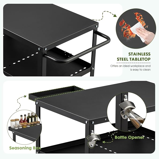 Outdoor Grill Cart Table,Indoor and Outdoor Pizza Oven Table,with 4 Movable Total Lock Casters, Hooks, Side Handle Multifunctional (Black) (Black)