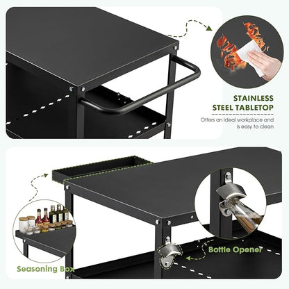 Outdoor Grill Cart Table,Indoor and Outdoor Pizza Oven Table,with 4 Movable Total Lock Casters, Hooks, Side Handle Multifunctional (Black) (Black)