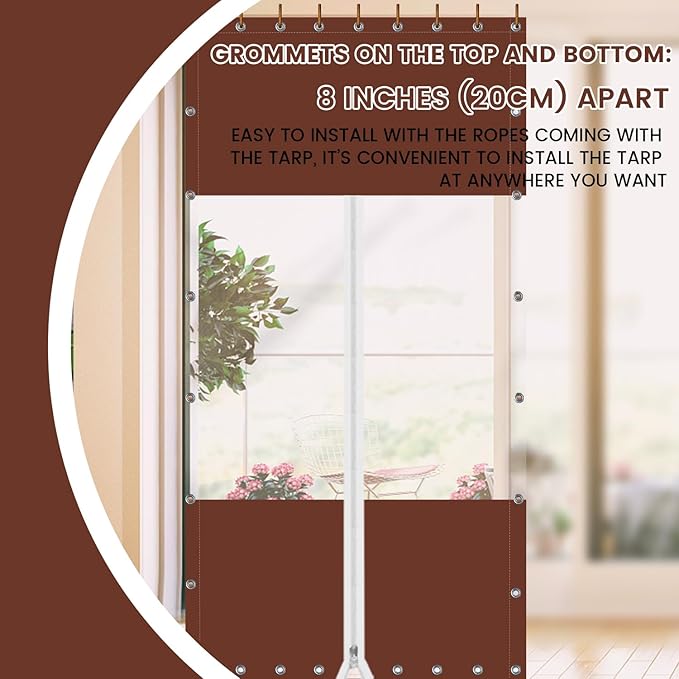 20 Oz Outdoor Vinyl Curtain with Double Sided Zip, Outdoor Clear Panel Curtain, Weather Resistant Outdoor Curtain for Pergola, Porch, Gazebos, with Rustproof Grommets (8'H x 7'W, Brown)