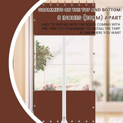 20 Oz Outdoor Vinyl Curtain with Double Sided Zip, Outdoor Clear Panel Curtain, Weather Resistant Outdoor Curtain for Pergola, Porch, Gazebos, with Rustproof Grommets (8'H x 7'W, Brown)