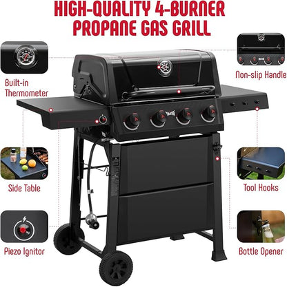 4-Burner Gas BBQ Grill with Side Table, 36,000 BTU Outdoor Propane Grill with Enameled Coated Chamber Body, Premium Porcelain-Enameled Grates for Backyard, Patio, Camping Barbecue, Black