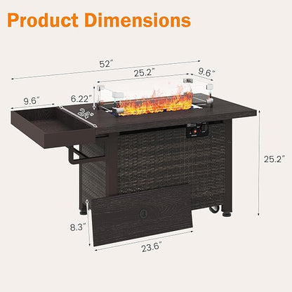 52 Inch Wicker Patio Fire Table, 50,000BTU Propane Fire Pit Table with Glass Wind Guard, Side Basket, Cover and CSA Certified, Outdoor Fire Pit for Garden, Backyard, Balcony, Poolside, Brown