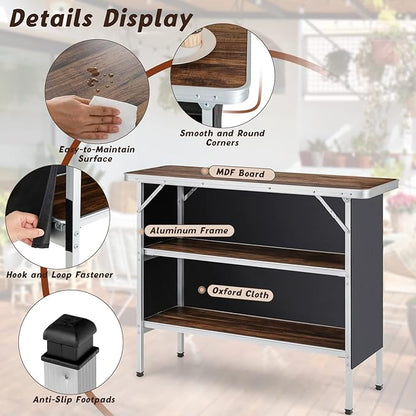 Giantex Portable Bar Table for Events, Folding Mobile Bartending Station with Storage Shelves, Removable Privacy Skirt, Carrying Case, for Parties, Catering, Trade Shows (Coffee, 43.5''L x 34.5''H)