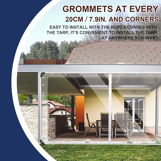 15oz Outdoor Clear Curtain, PVC Vinly Outdoor Clear Panel Curtain, Weather Resistant Outdoor Curtain for Pergola, Porch, Gazebos, with Rustproof Grommets-8'H x 15'W(180''W x 96''L,H=L)