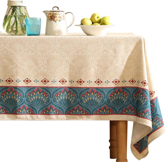 Vintage Beige Linen Rectangle Tablecloth,Paisley Farmhouse Feather Floral Pattern Table Cloth,Decor Table Cover for Kitchen,Dining,Thanksgiving,Christmas,55"*87"-Dorodango F